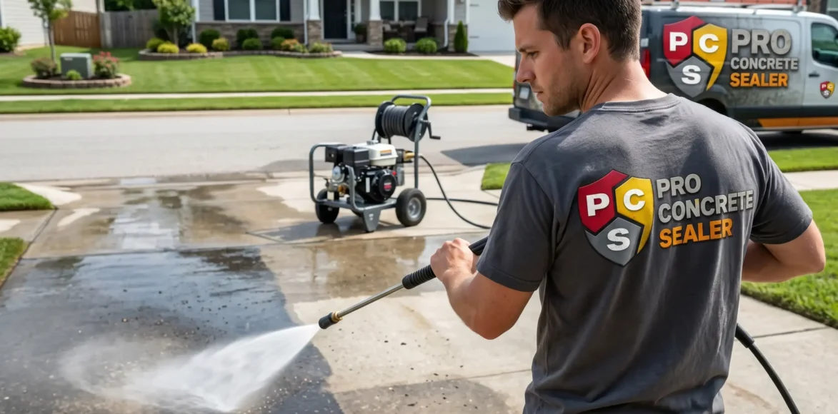 Concrete power washing service cleaning residential driveway in Sherwood Park and Edmonton