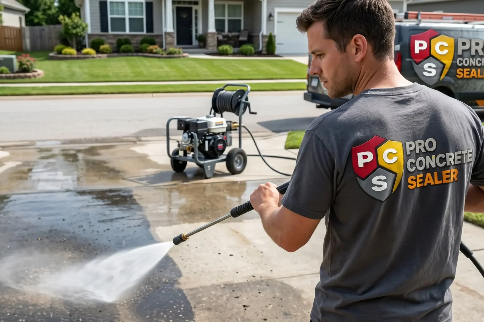 Concrete power washing service cleaning residential driveway in Sherwood Park and Edmonton