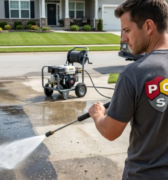 Concrete power washing service cleaning residential driveway in Sherwood Park and Edmonton