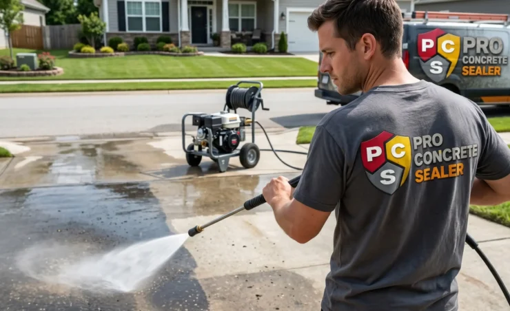 Concrete power washing service cleaning residential driveway in Sherwood Park and Edmonton