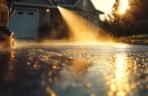 A pressure washer cleans a driveway at sunset.  Water sprays across the pavement, reflecting the golden light. A portion of the pressure washer is visible in the foreground.