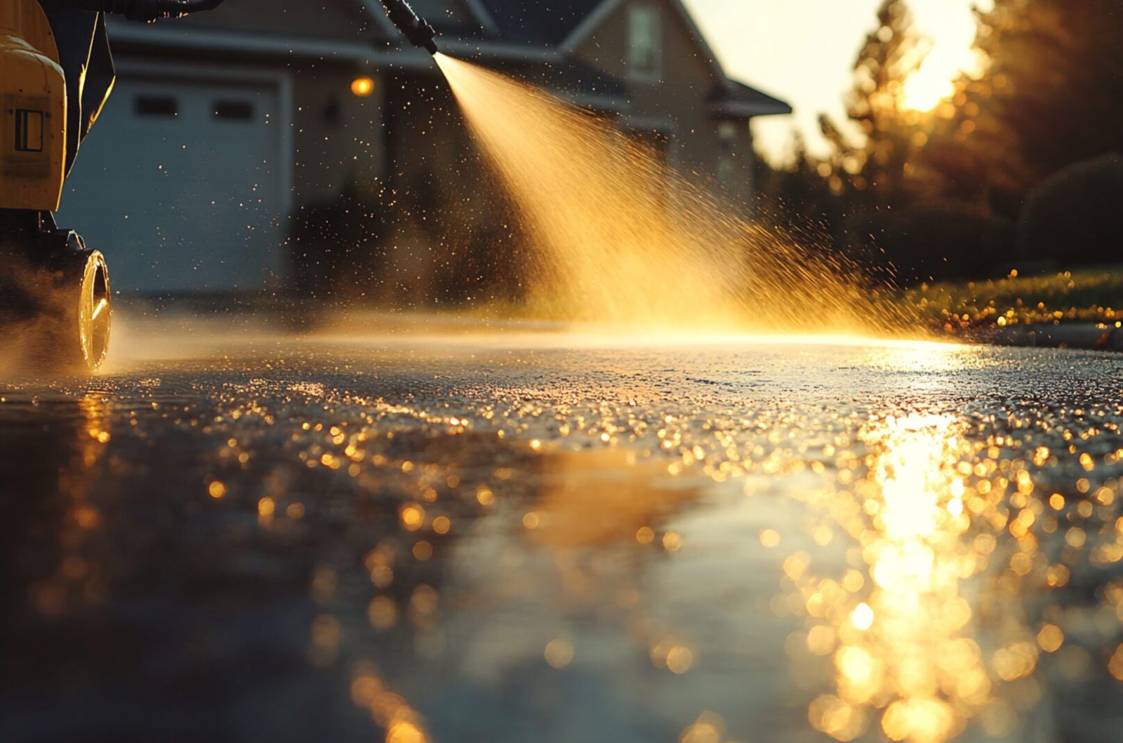 A pressure washer cleans a driveway at sunset.  Water sprays across the pavement, reflecting the golden light. A portion of the pressure washer is visible in the foreground.
