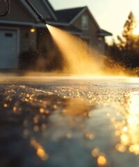 A pressure washer cleans a driveway at sunset.  Water sprays across the pavement, reflecting the golden light. A portion of the pressure washer is visible in the foreground.