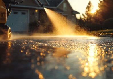 A pressure washer cleans a driveway at sunset.  Water sprays across the pavement, reflecting the golden light. A portion of the pressure washer is visible in the foreground.