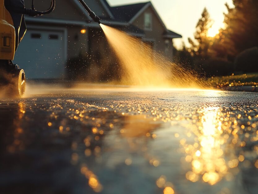 A pressure washer cleans a driveway at sunset.  Water sprays across the pavement, reflecting the golden light. A portion of the pressure washer is visible in the foreground.
