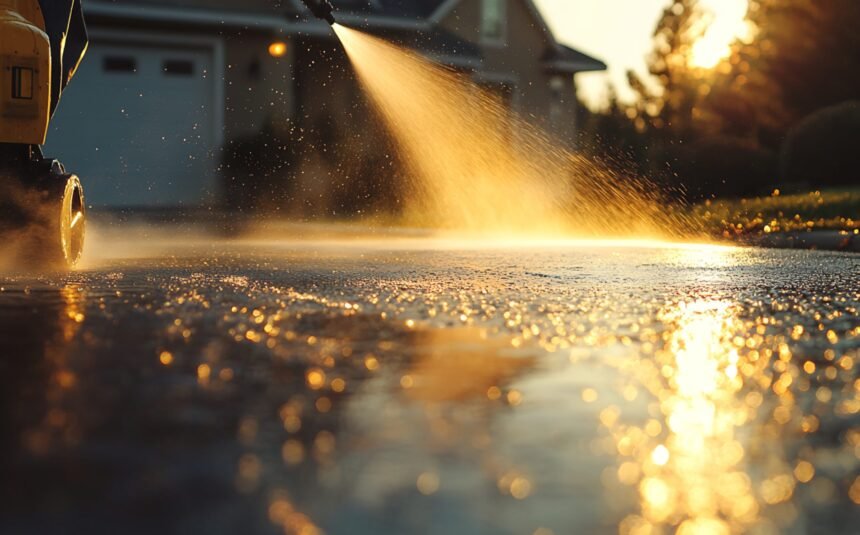 Pressure Washer Cleaning Driveway at Sunset A pressure washer cleans a driveway at sunset. Water sprays across the pavement, reflecting the golden light. A portion of the pressure washer is visible in the foreground.